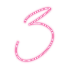 Illustration of neon number. Pink luminous number 3 isolated on transparent background.