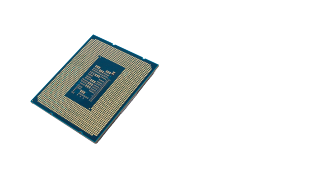 A close-up shot of a modern CPU chip with a focus on its intricate circuitry and intricate design, highlighting the complexity of modern technology.