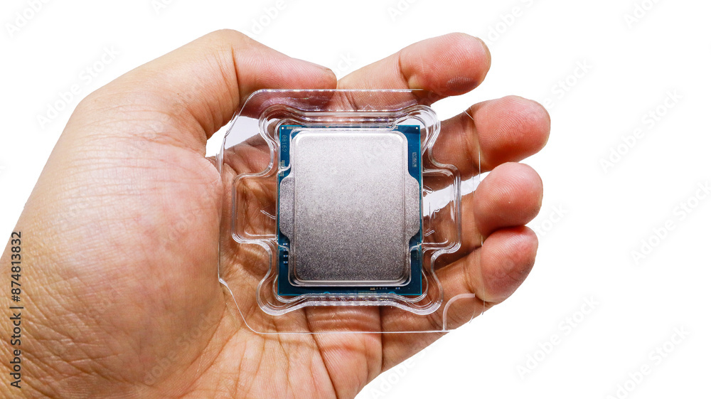 Poster a man's hand holds a new computer processor in its original packaging tray. a close-up shot of a cpu