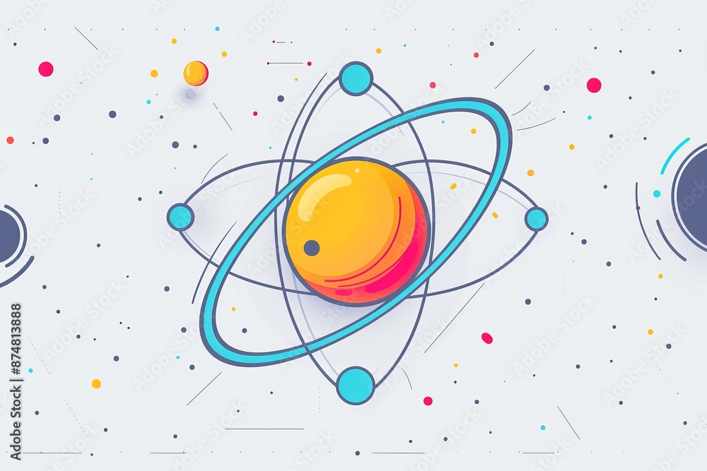 Poster abstract atomic model with a glowing central nucleus and dynamic particles, representing fundamental