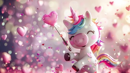 Create a 3D, cute unicorn with a glittery, multicolored mane, holding a heart-shaped wand and surrounded by floating pink hearts.