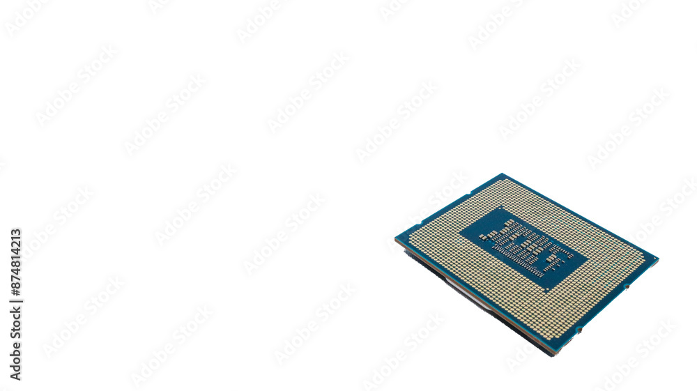 Poster computer processor against a white background. cpu chip showcase of intricate circuitry and gold-pla