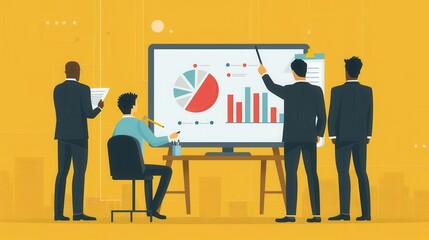 Business team analyzing data and charts on a large screen in a meeting, focusing on strategy and performance metrics.