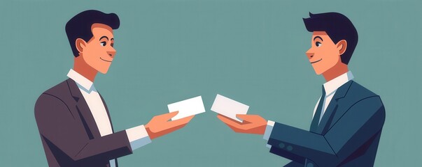 Business networking, exchanging business cards, flat design illustration