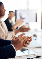 Business, employees and hands clapping in workplace, applause and celebration gesture for job well done or presentation. Cheering, goal and target achievement in boardroom, deal success and meeting