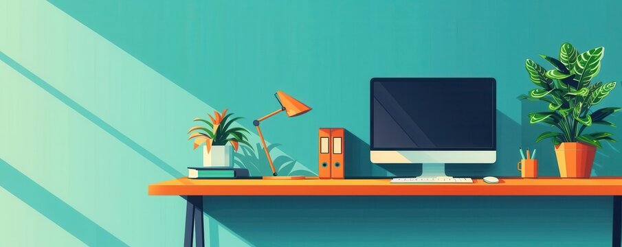 Modern home office desk setup with computer, lamp, books, and plants in a bright room. Minimalistic and stylish interior design.