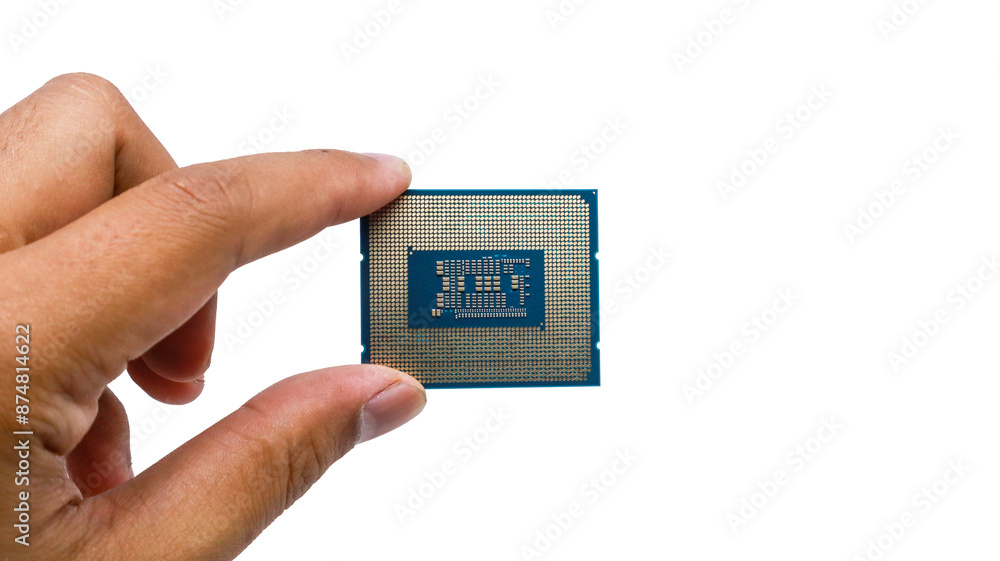 Poster a hand holding a computer processor against a white background. cpu chip showcase of intricate circu