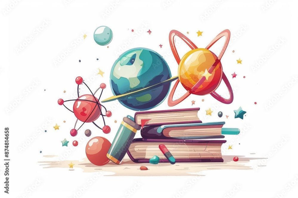 Poster creative illustration of stacked books with atomic models and scientific instruments, representing t