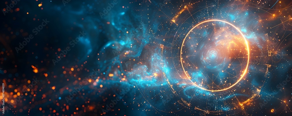 Wall mural mesmerizing mystical frame with glowing symbols and celestial aura on starry background