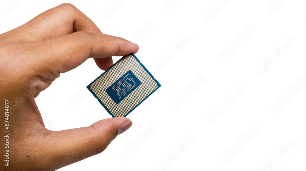 Aufkleber a hand holding a computer processor against a white background. cpu chip showcase of intricate circu