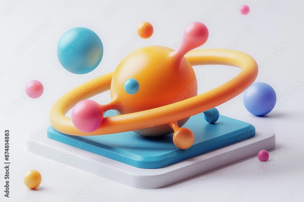 Poster abstract planetary model with dynamic orbits and colorful particles, highlighting the connection bet