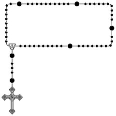 Photo frame with Catholic rosary, rosary with square Christian cross, symbol of the Catholic religion