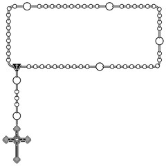 Photo frame with Catholic rosary, rosary with square Christian cross, symbol of the Catholic religion