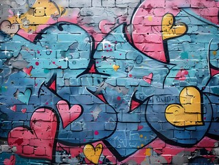 Vibrant Graffiti Inspired Street Art Frame with Playful Heart Motifs on Grungy Concrete Texture Background