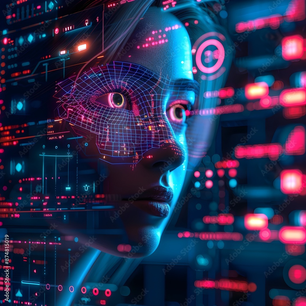 Poster futuristic interface with holographic display of real time data and analytics
