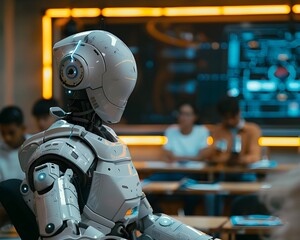 Fototapeta premium Humanoid Teaching Diverse Students in High Tech Educational Environment