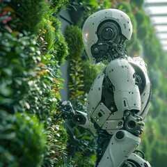 Fototapeta premium Innovative Robot Gardener Tending to Lush Vertical Garden for Sustainable Urban Farming