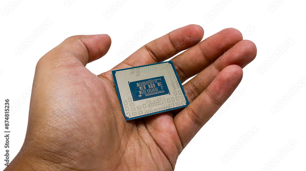 Poster a close-up shot of a man's hand holding a new cpu processor, highlights the intricate circuitry and 