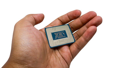 A close-up shot of a man's hand holding a new CPU processor, highlights the intricate circuitry and design of this essential computer component isolated on white background.