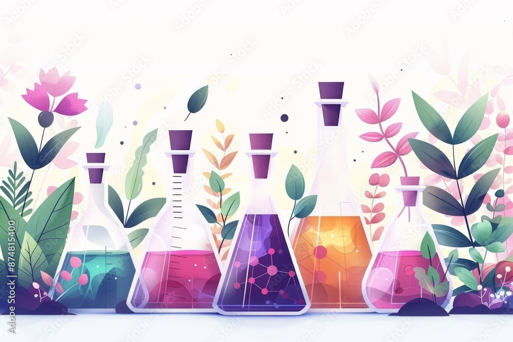 Poster creative botanical laboratory setup with colorful flasks and plants, blending science and nature in 