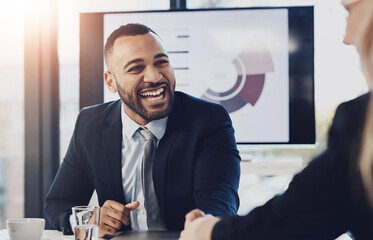 Business people, charts and man in meeting, planning and brainstorming for company income results. Staff, employees and coworkers with branch manager, teamwork and graphs with feedback and review