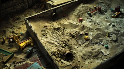 Naklejka premium The empty sandbox is littered with forgotten toys now twisted and distorted by the passing of time creating a chilling atmosphere.