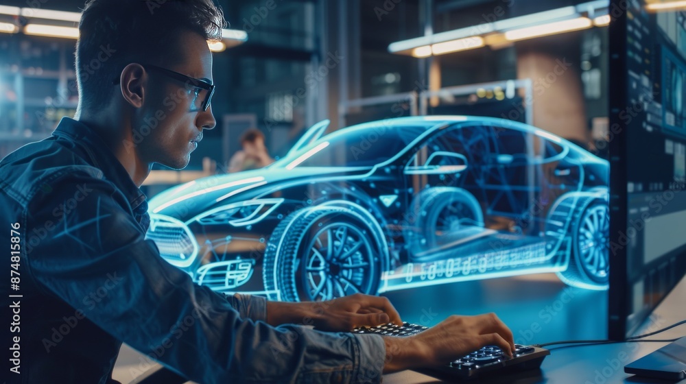 Poster man, wearing glasses, is working at a table in a building, designing a car using a computer.