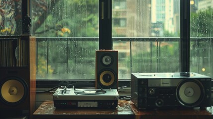 A window overlooking a rainy cityscape with a vinyl player and speakers set up nearby to amplify the pitterpatter of raindrops as background noise.