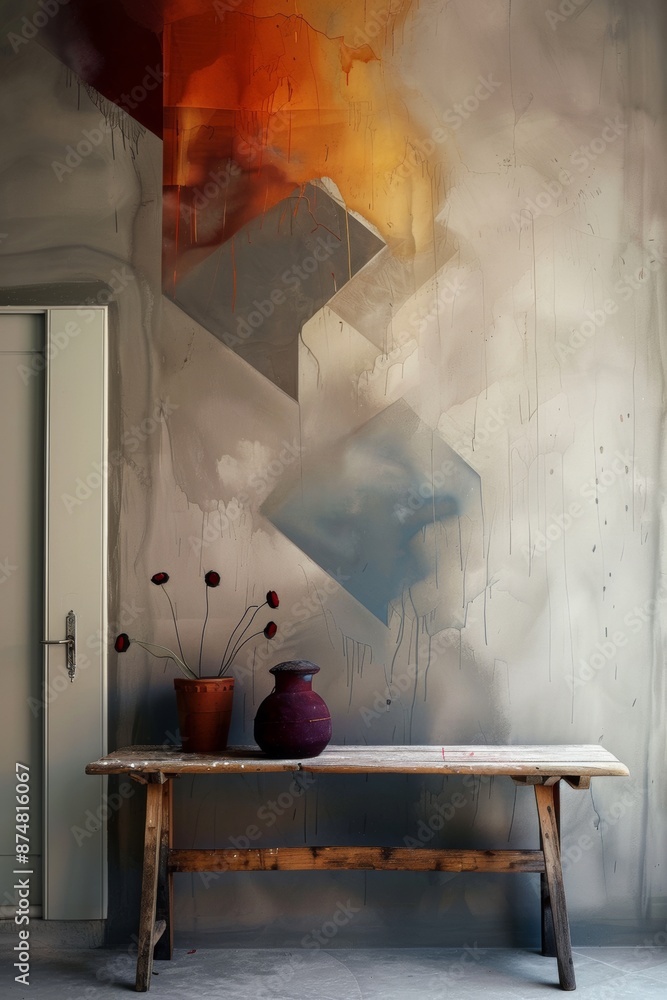 Poster modern architecture with grey walls and a little orange.