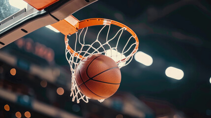 A basketball is in the air, about to go through a net