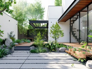 A modern courtyard garden with white walls and a black metal fence, featuring green plants, wood deck steps, creating a comfortable atmosphere for leisure activities. Generative AI.