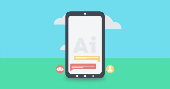 Ai chat bot communicate with human on smartphone. Smart Ai chat bot answers questions. Automatic chat response 4k video animation with clouds in background