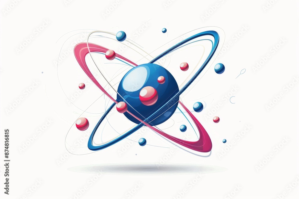 Poster futuristic atomic model with colorful orbits and particles, representing advanced scientific concept