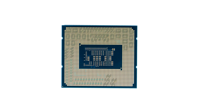 A close-up shot of a modern CPU chip with a focus on its intricate circuitry and intricate design, highlighting the complexity of modern technology.