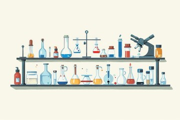 Scientific laboratory with shelves of glassware and equipment, showcasing modern research practices and precision