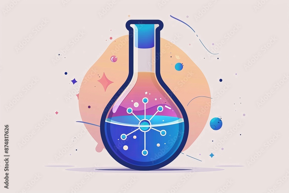 Poster elegant laboratory flask with colorful liquid and dynamic particles, representing modern scientific 