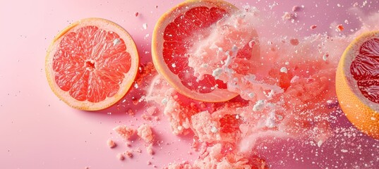 Grapefruit slices with pink powder on a fuzzy pink background