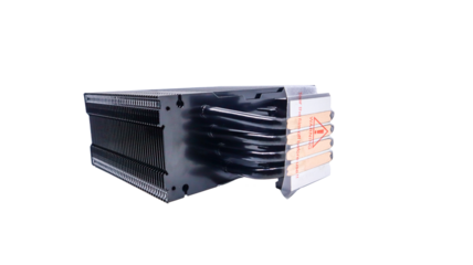 Close-up of a black CPU cooler with a large heat sink and a fan. The cooler is designed to dissipate heat from the CPU and keep it running at an optimal temperature.