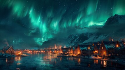 Fototapeta premium A fiery sunset paints the city skyline against a backdrop of swirling green aurora borealis