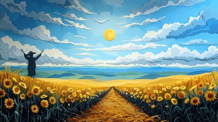 Fototapeta premium Paper cut cornfield with a scarecrow.