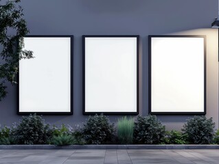 Modern realistic illustration of rectangular wall lightboards, blank white screen in black metal or plastic frame, outdoor advertising mockups.