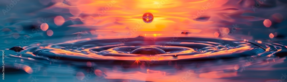 Sticker Vibrant Sunset Reflected in a Detailed Water Droplet Serene Atmosphere with Copy Space