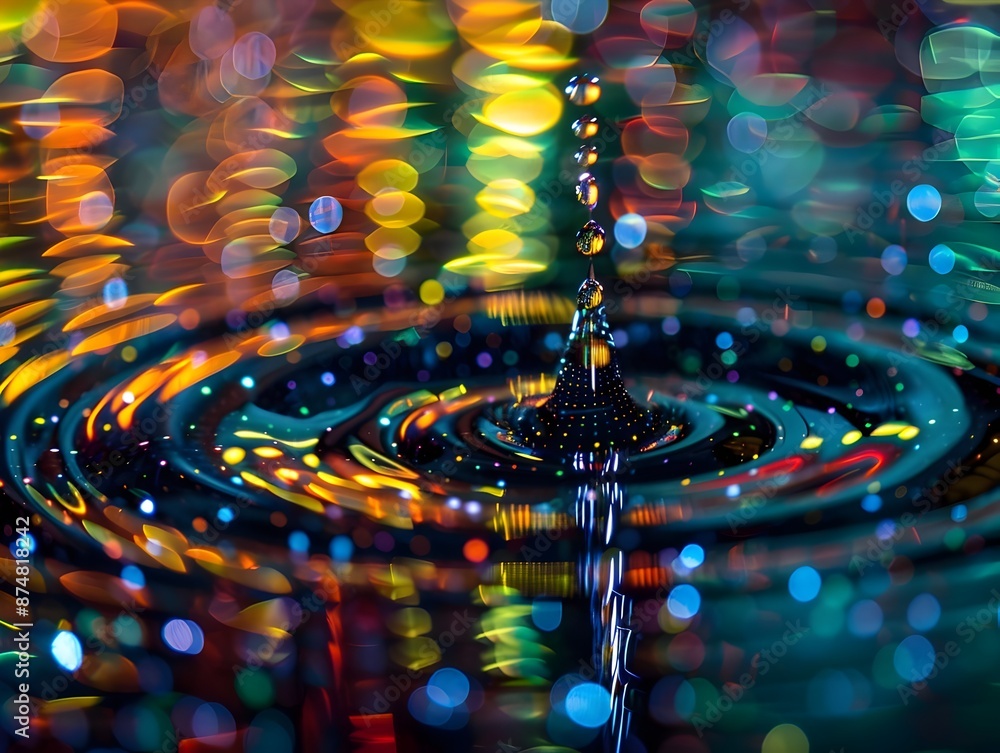 Poster holographic water drop reflecting dynamic digital data streams
