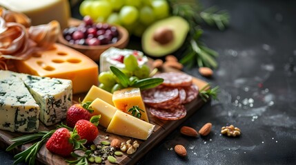 Tempting Charcuterie Board with Assorted Cheeses Fruits and Nuts on Rustic Wooden Background