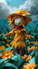 Fototapeta premium Paper cut cornfield with a scarecrow.