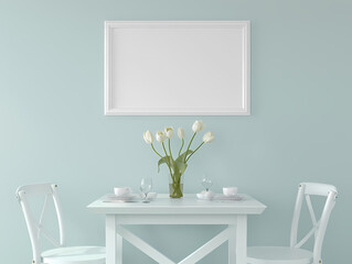 Elegant white dining area with tulip centerpiece and minimalist decor in a soft pastel room.