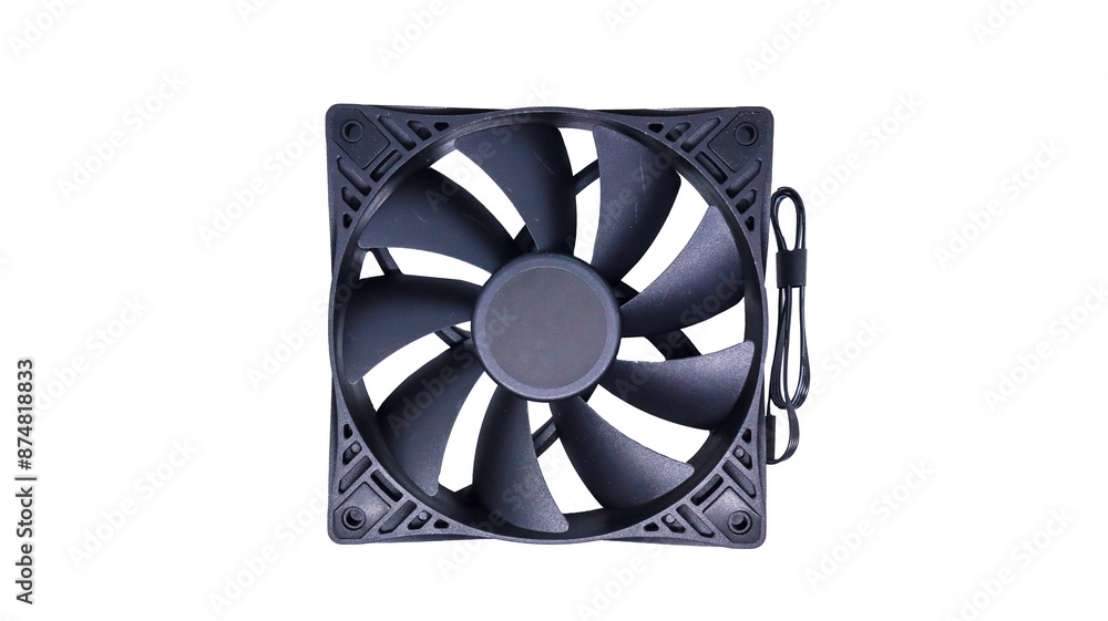 Poster a black computer cooling fan isolated on a white background. it's a powerful device designed for eff