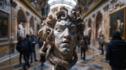 Medusa's head is unveiled at the Louvre, instantly petrifying artworks and visitors alike, creating a grotesque new exhibition of life-like statues frozen in poses of awe and terror 