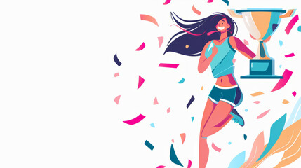 A victorious young athlete woman runner in athletic clothing runs with a large trophy on white background  with rainbow victory confetti and copy space illustration winning women in sports background