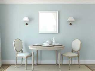 Elegant dining area with vintage furniture, prepared for a meal for two, against a pastel blue wall